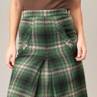 Vintage Green Plaid Knee-Length Skirt Classic Winter Style