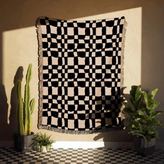 Black and White Checkered Woven Throw Blanket