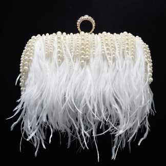 White Feather Fringe Clutch with Pearl Detail