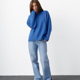 Blue Mock Neck Knit Sweater