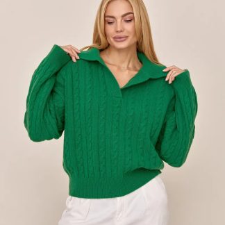 Green Collared Cable Knit Sweater